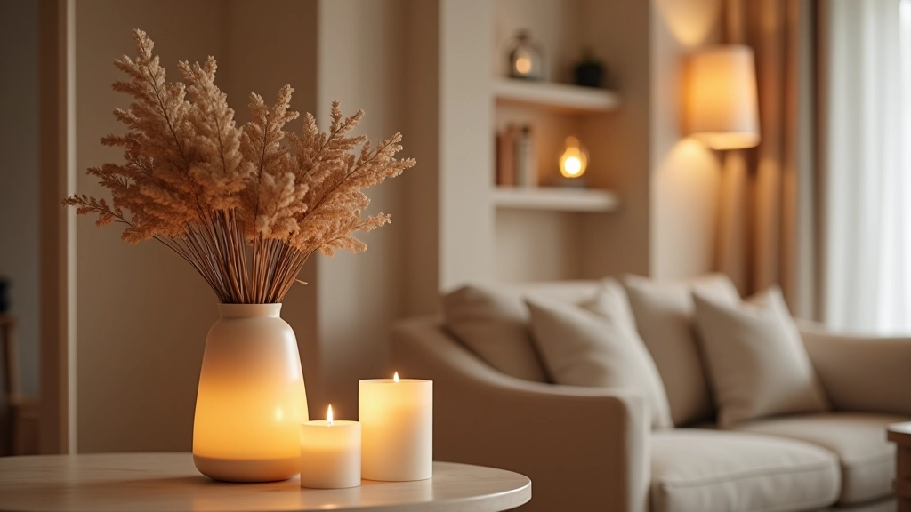 Apartment entryway decorated with gradient glass vase containing dried flowers and accent candles on side table