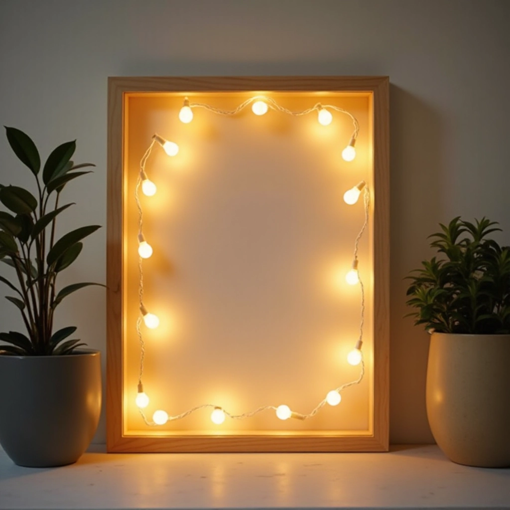 Close-up detail of warm white LED bulbs arranged on wooden frame perimeter, showing warm 2700K glow and wood grain texture