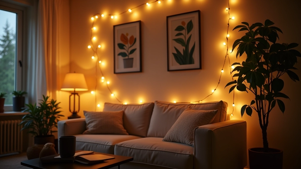 Rental-friendly apartment living room showcasing coordinated fairy lights, wall frames, and trailing indoor plants