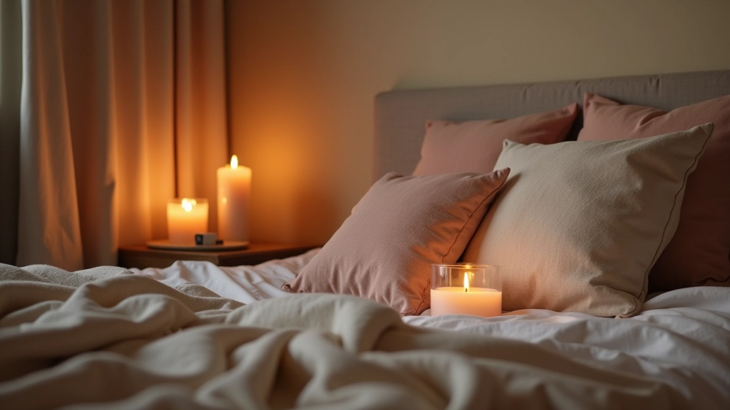 Bedroom corner with throw pillows arranged on bed, warm ambient candle lighting creating cozy bedroom atmosphere
