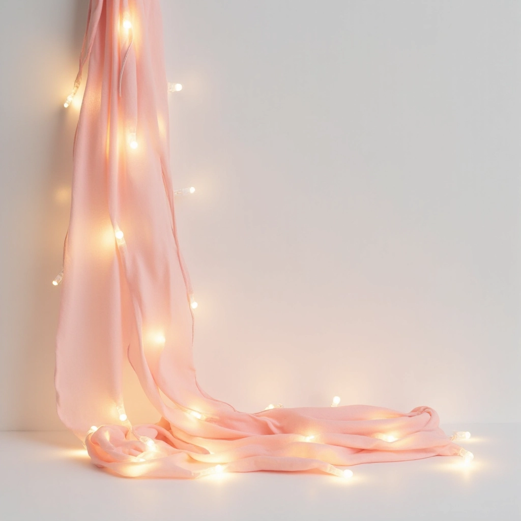 Blush pink fabric-wrapped string lights garland draped in elegant curve, warm white LED glow visible through soft cotton fabric, atmospheric ambient lighting