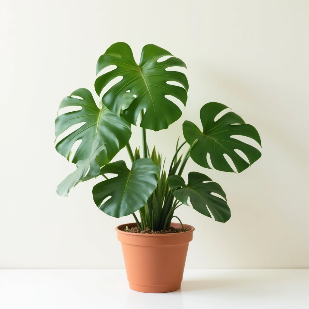 Vibrant tropical Monstera plant with signature split leaves in ceramic pot