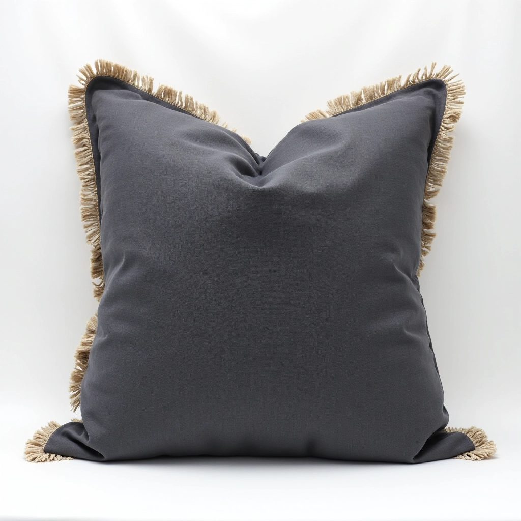 Oversized linen throw pillow in charcoal color with visible linen fringe on edges, laid flat on clean white background, studio lighting with sharp focus on texture