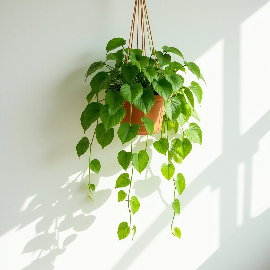 Pothos Golden plant hanging from ceiling hook with long trailing vines cascading down a white wall in bright natural light