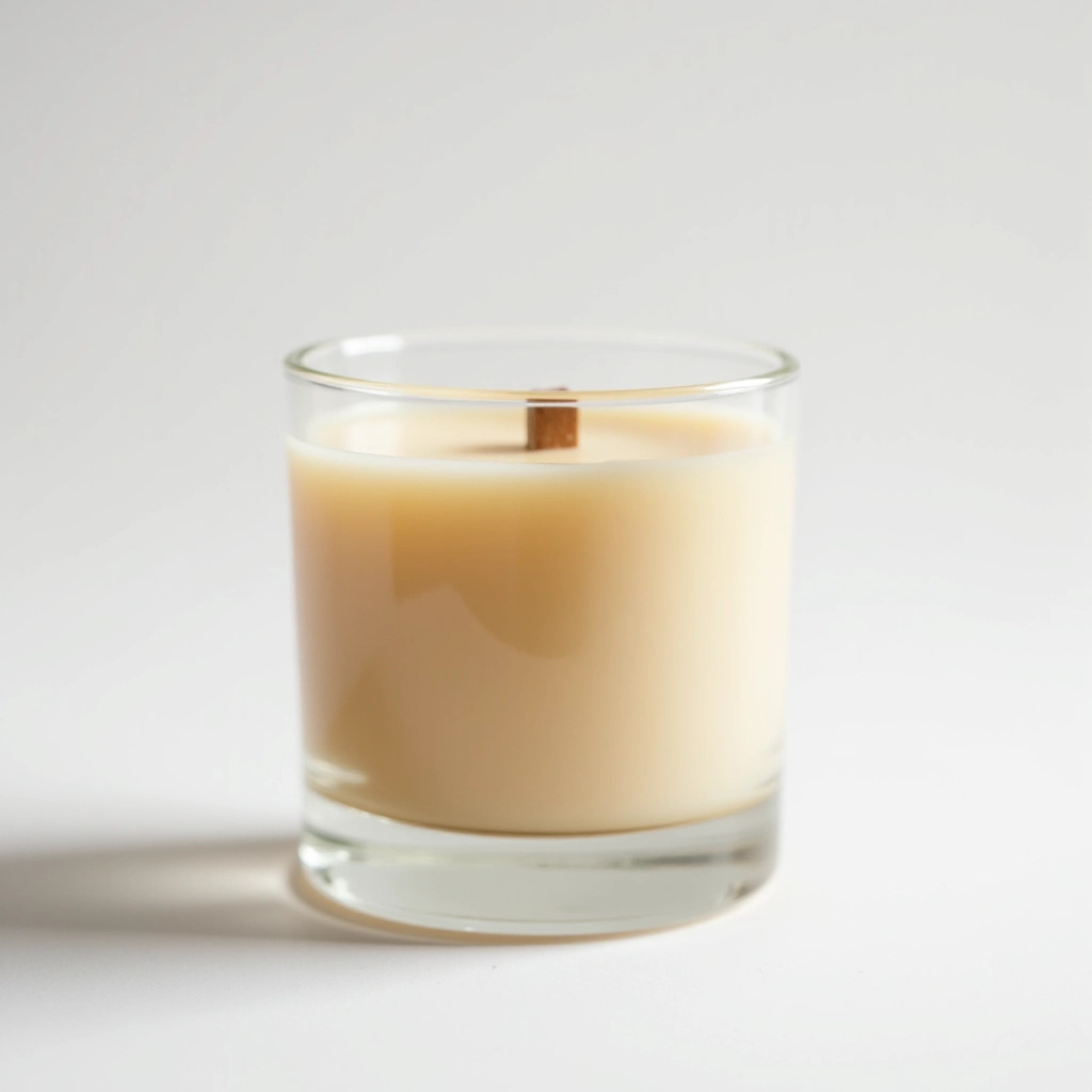 Premium soy candle in clear glass container with wooden wick, cedarwood and amber colored wax, centered on clean white background with studio lighting