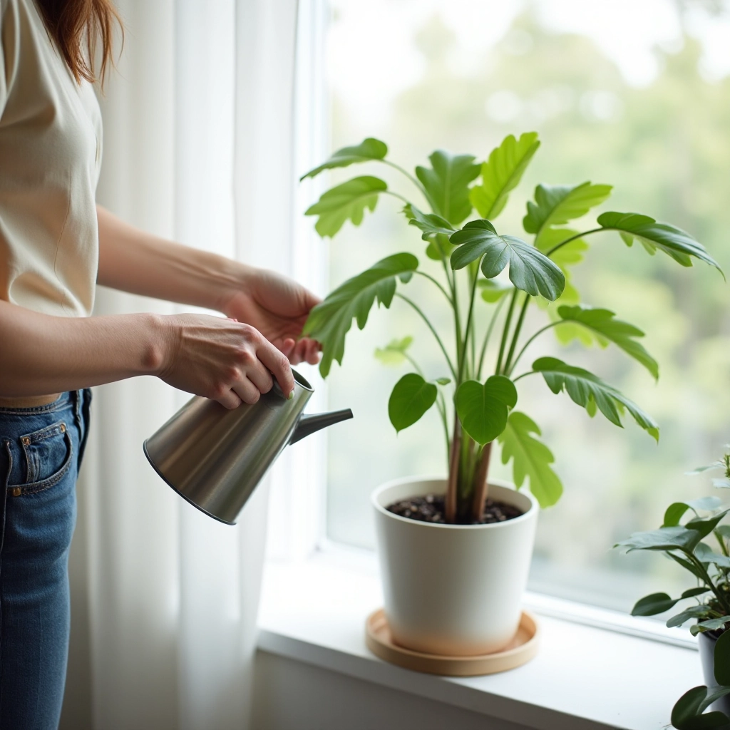 Person watering Monstera plant with watering can next to bright window, showing proper plant care technique in natural daylight