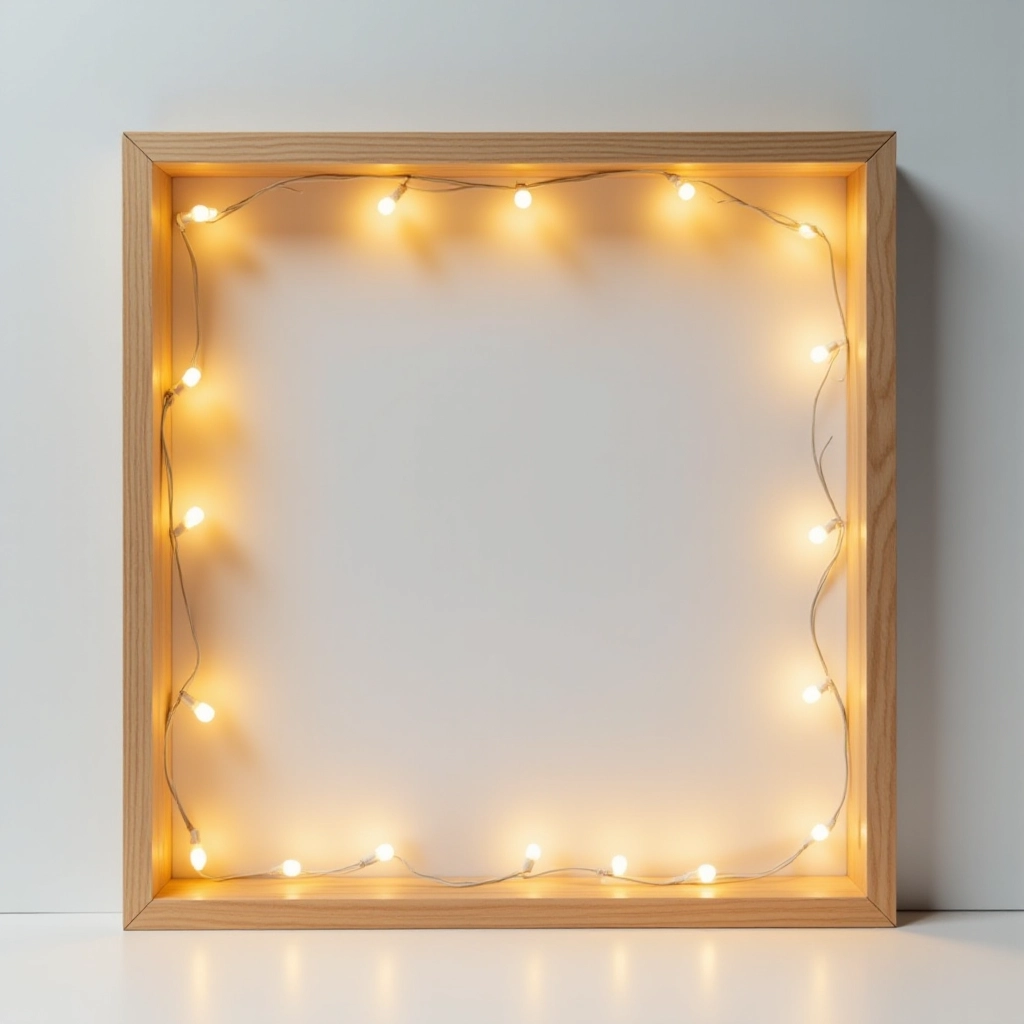 Warm white fairy lights mounted on minimalist wooden square frame, ambient lighting display